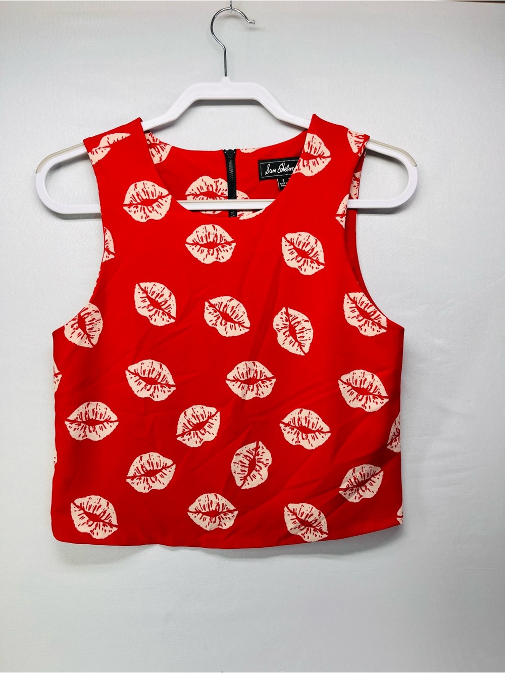 Sam Edelman Red Crop Top with Cream Lip Print